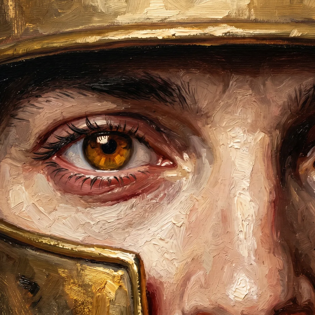 Detail — hand-painted paladin's eyes inside a gold helm